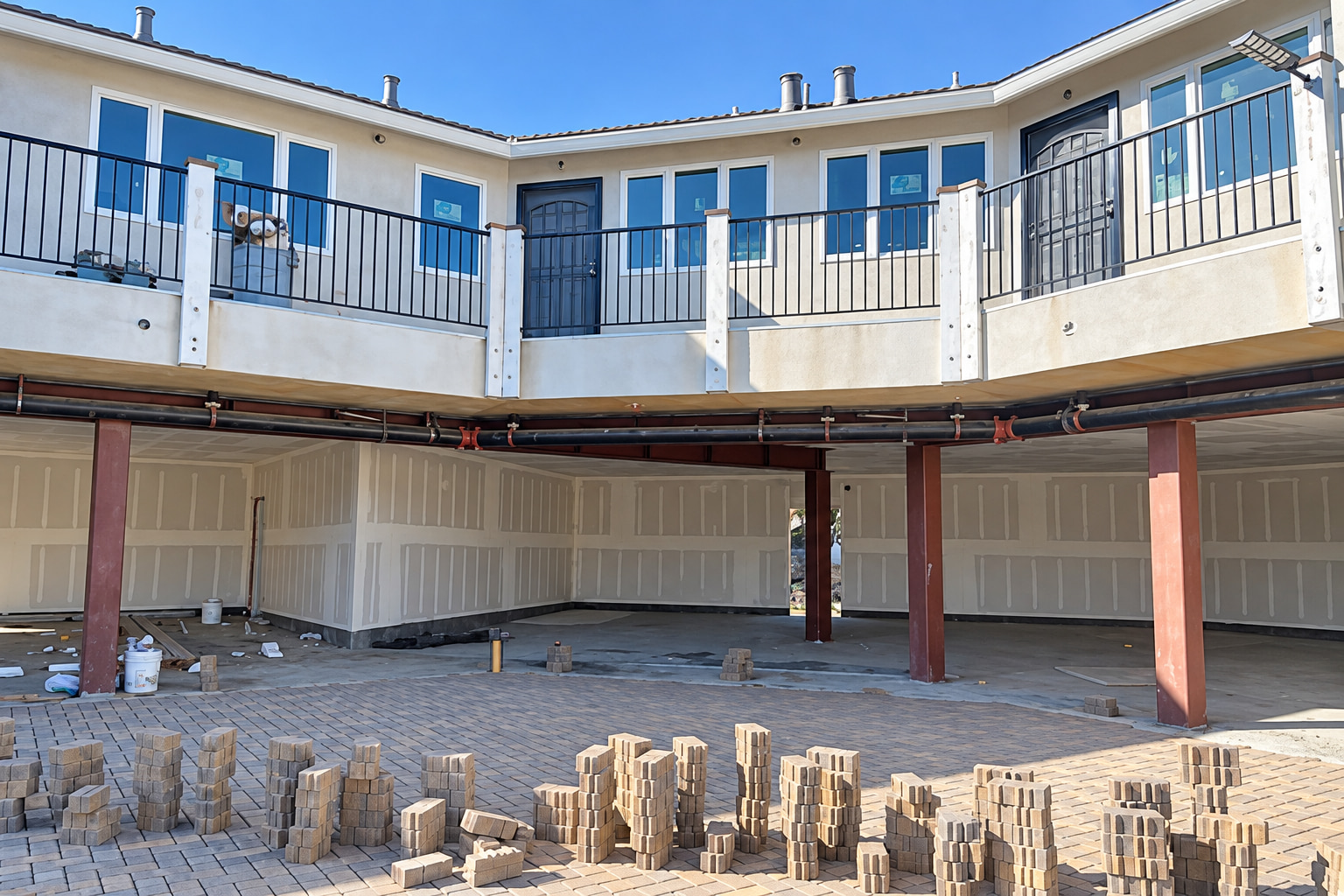 Unfinished two-story building with an open ground level and a courtyard stacked with pavers