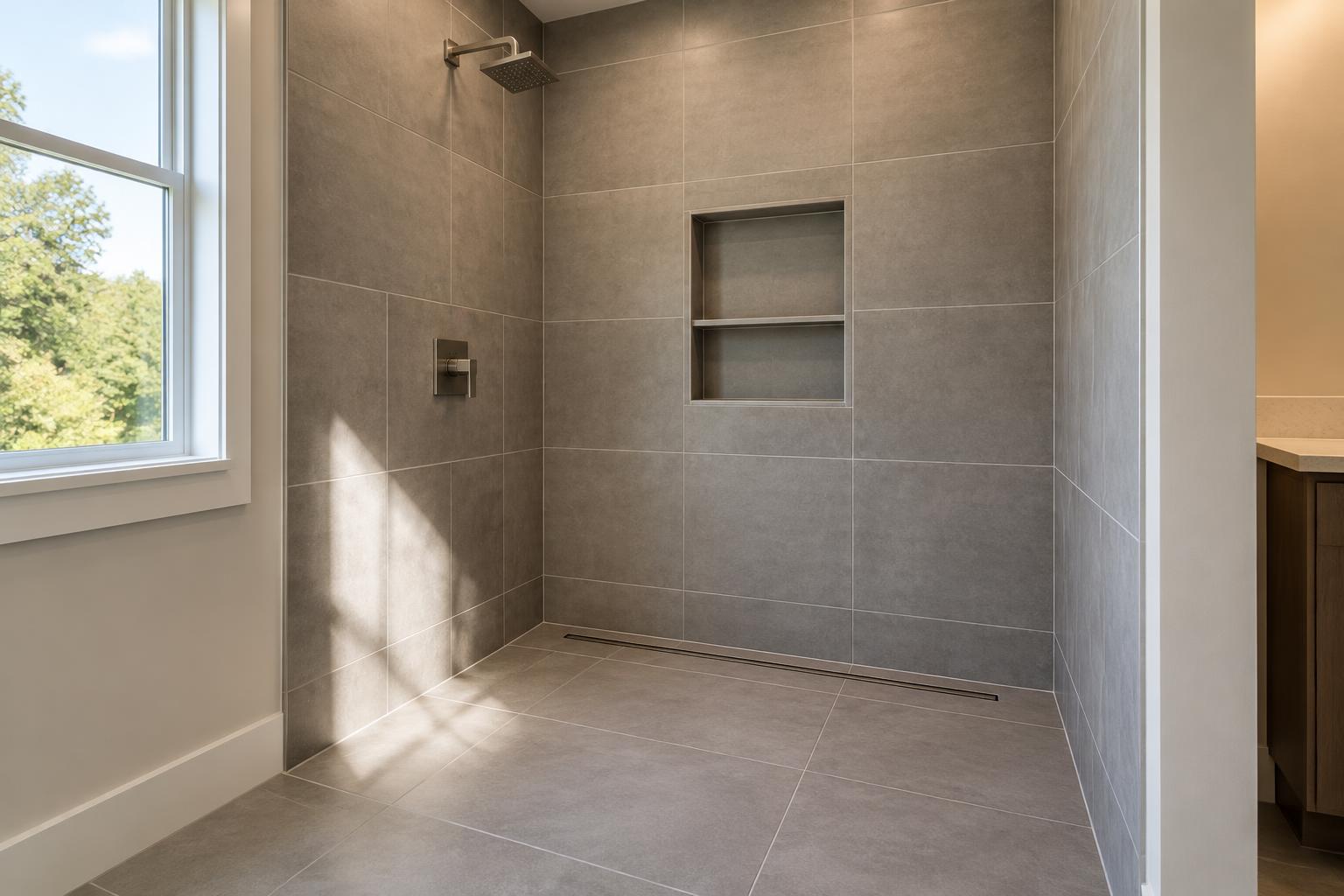 Walk-in shower finished in large matte gray tile with a recessed niche and linear drain