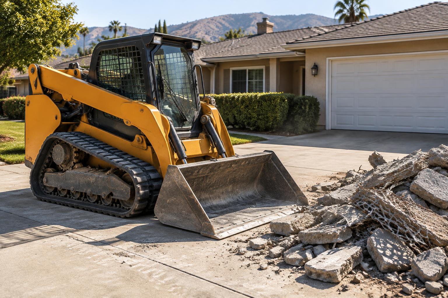 Compact track loader on a suburban driveway next to broken concrete slabs