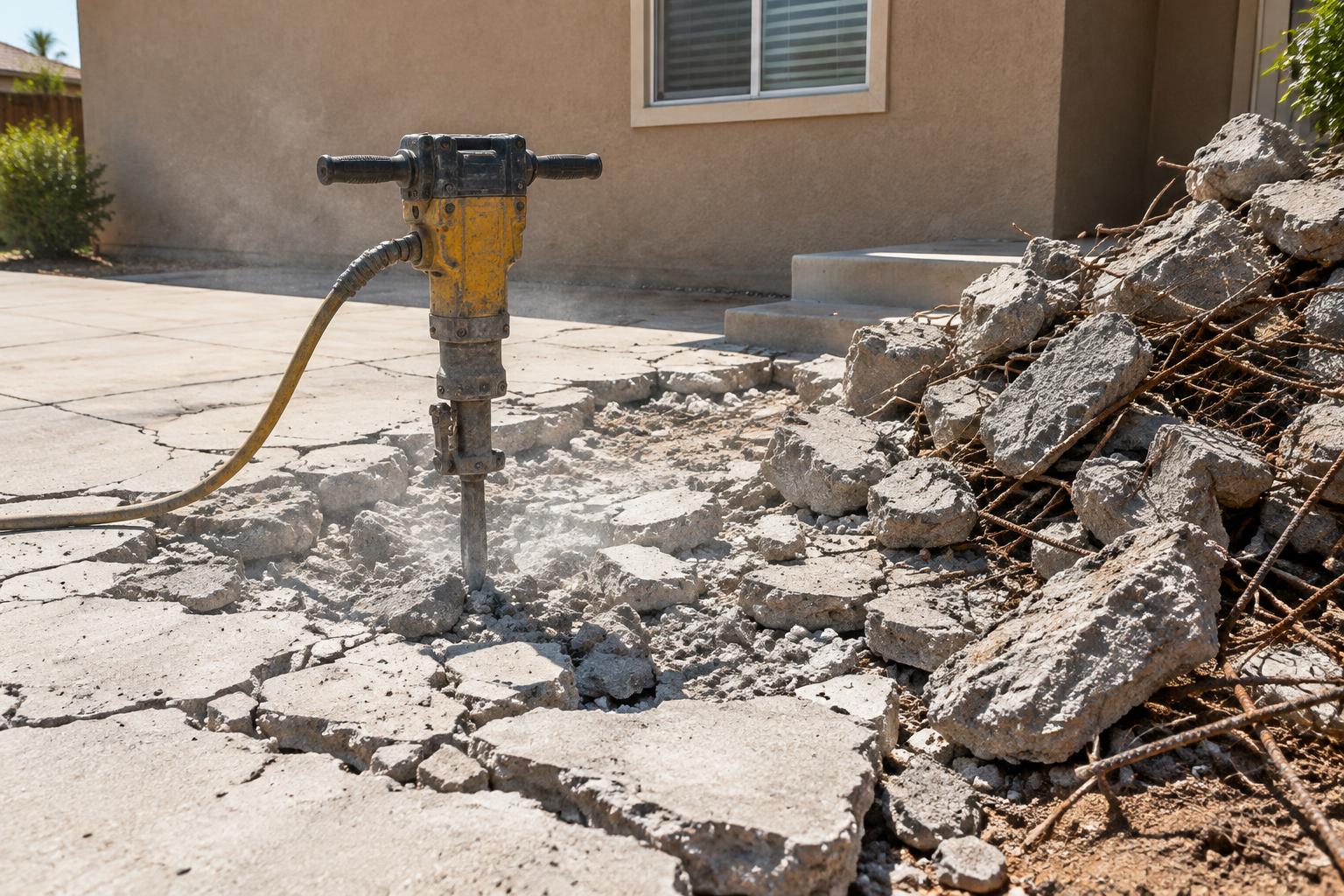 Jackhammer standing on cracked concrete beside a pile of broken slabs and rebar