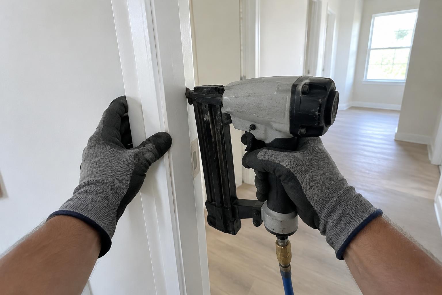 Work-gloved hands fastening white door casing with a nail gun in a bright hallway