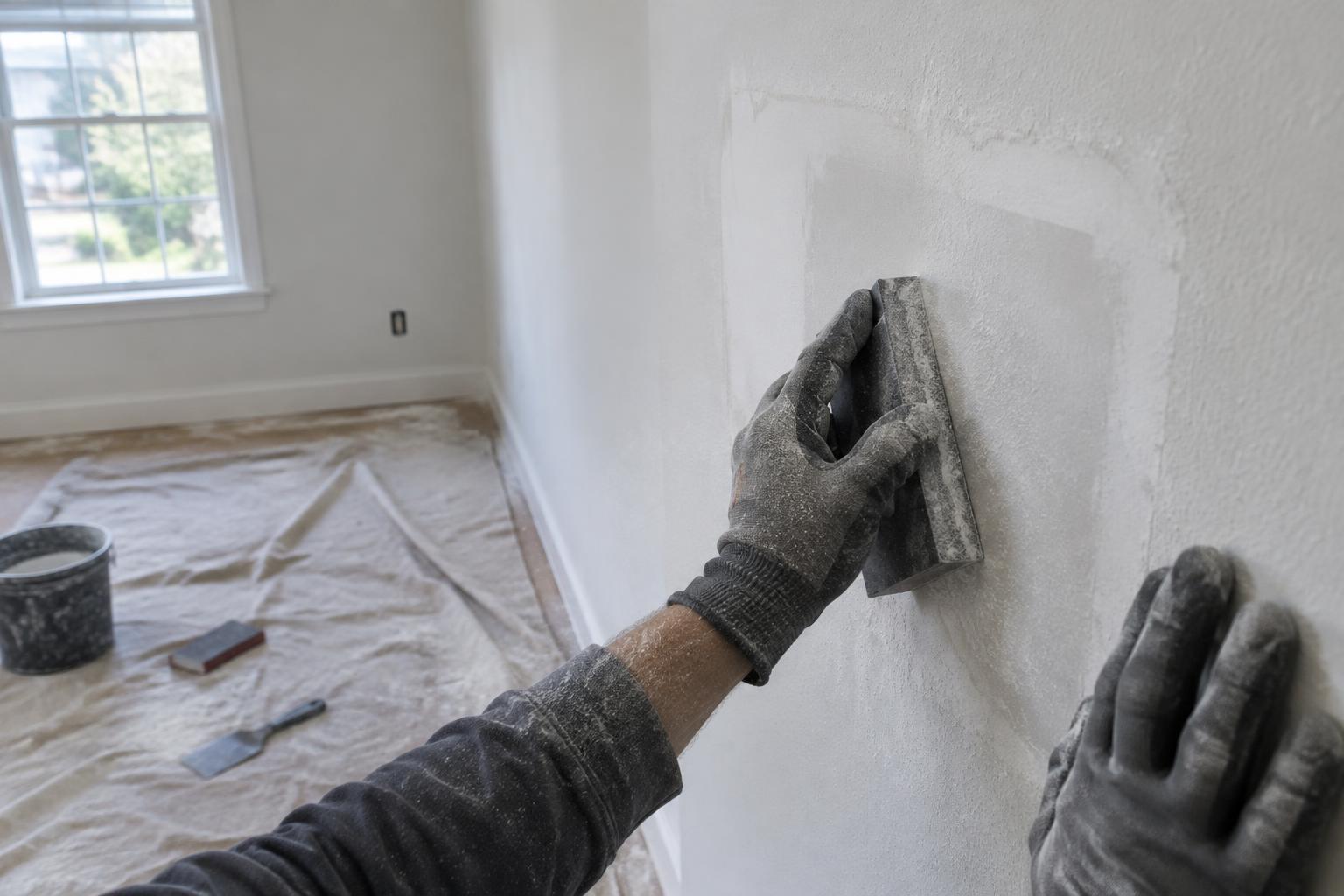 Work-gloved hands sanding a patched section of interior drywall smooth
