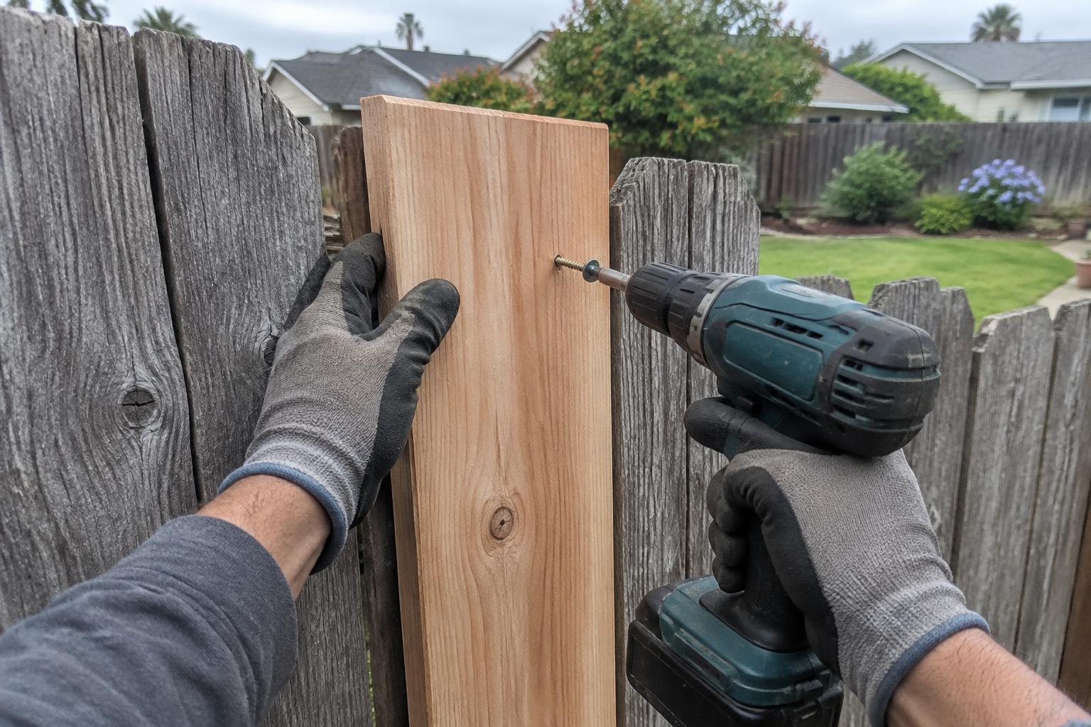 Cordless drill driving a screw into a new cedar fence board on a weathered fence