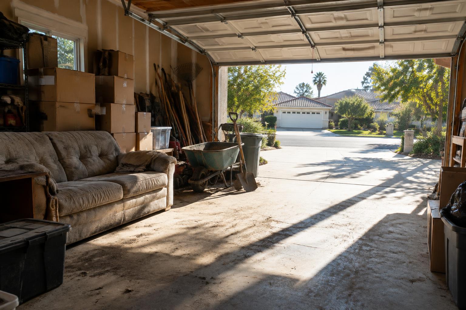Cluttered residential garage filled with boxes, an old sofa and tools, door open to the street