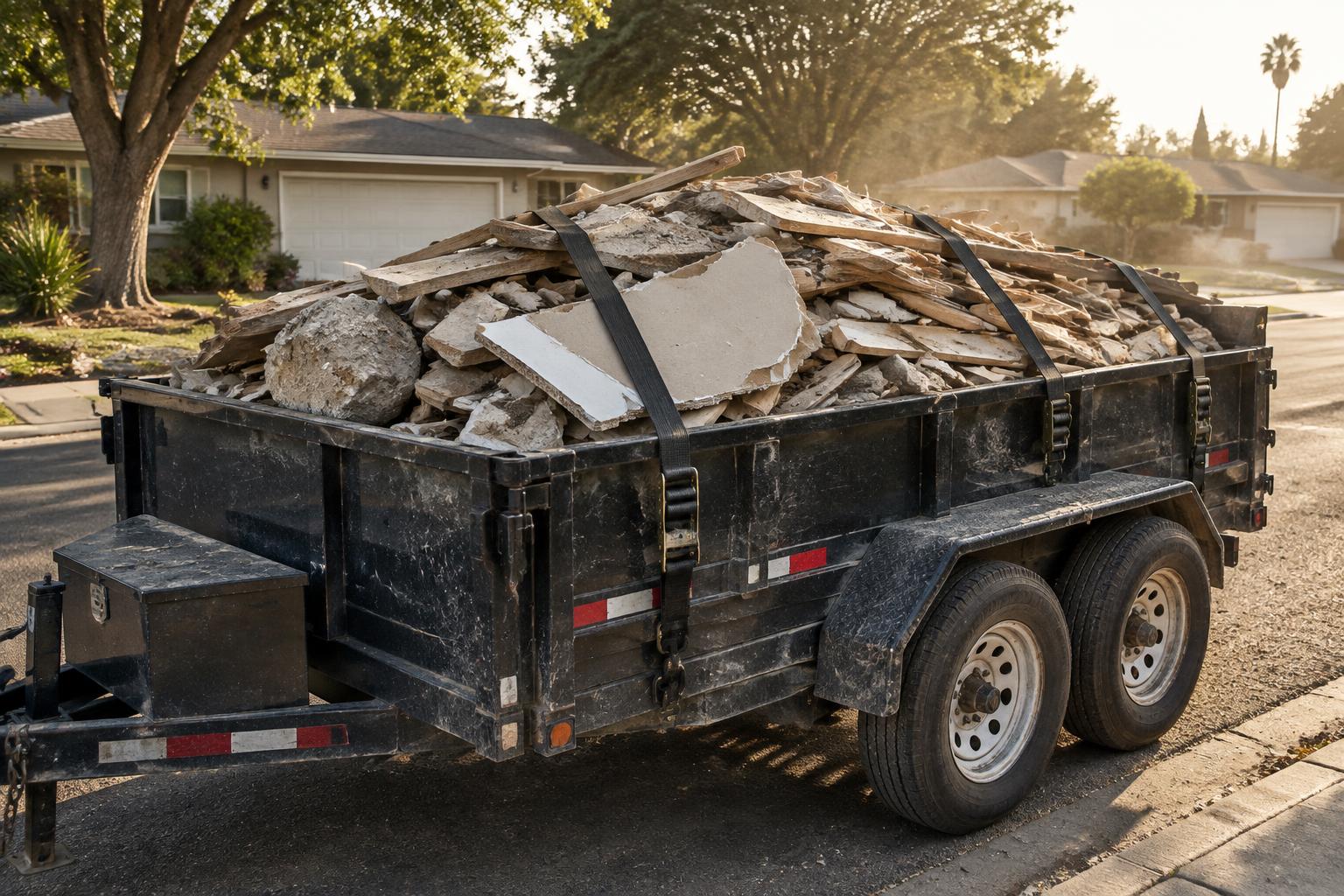 Utility trailer loaded with broken concrete and wood, strapped down on a residential street